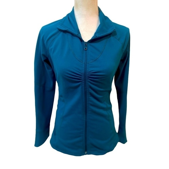 Zella zip up teal ruched athletic jacket with zip up pockets & ruffle back small - Picture 1 of 12